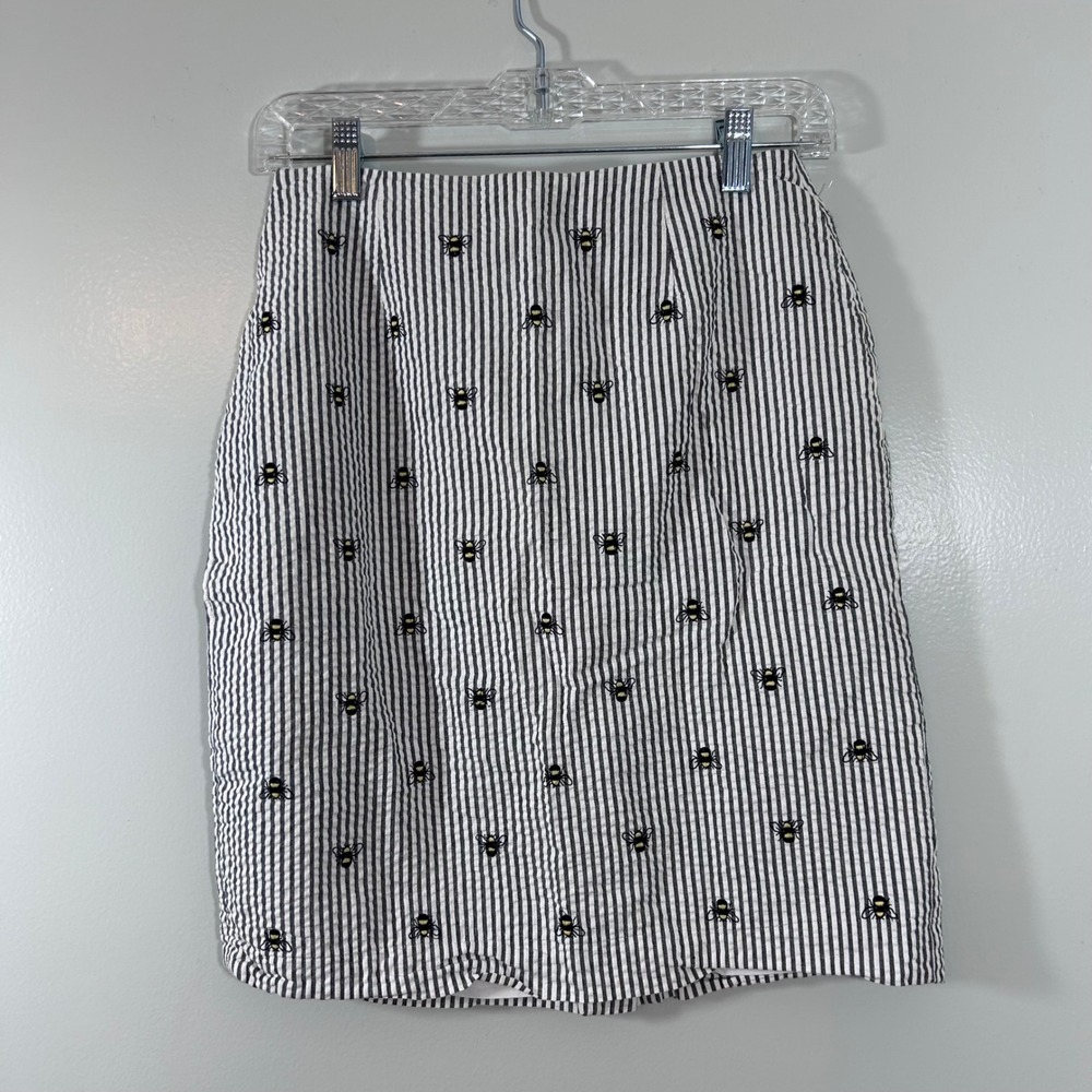 Talbots Womens Seersucker Bumble Bee Embroidered Pencil Skirt Blue White 4